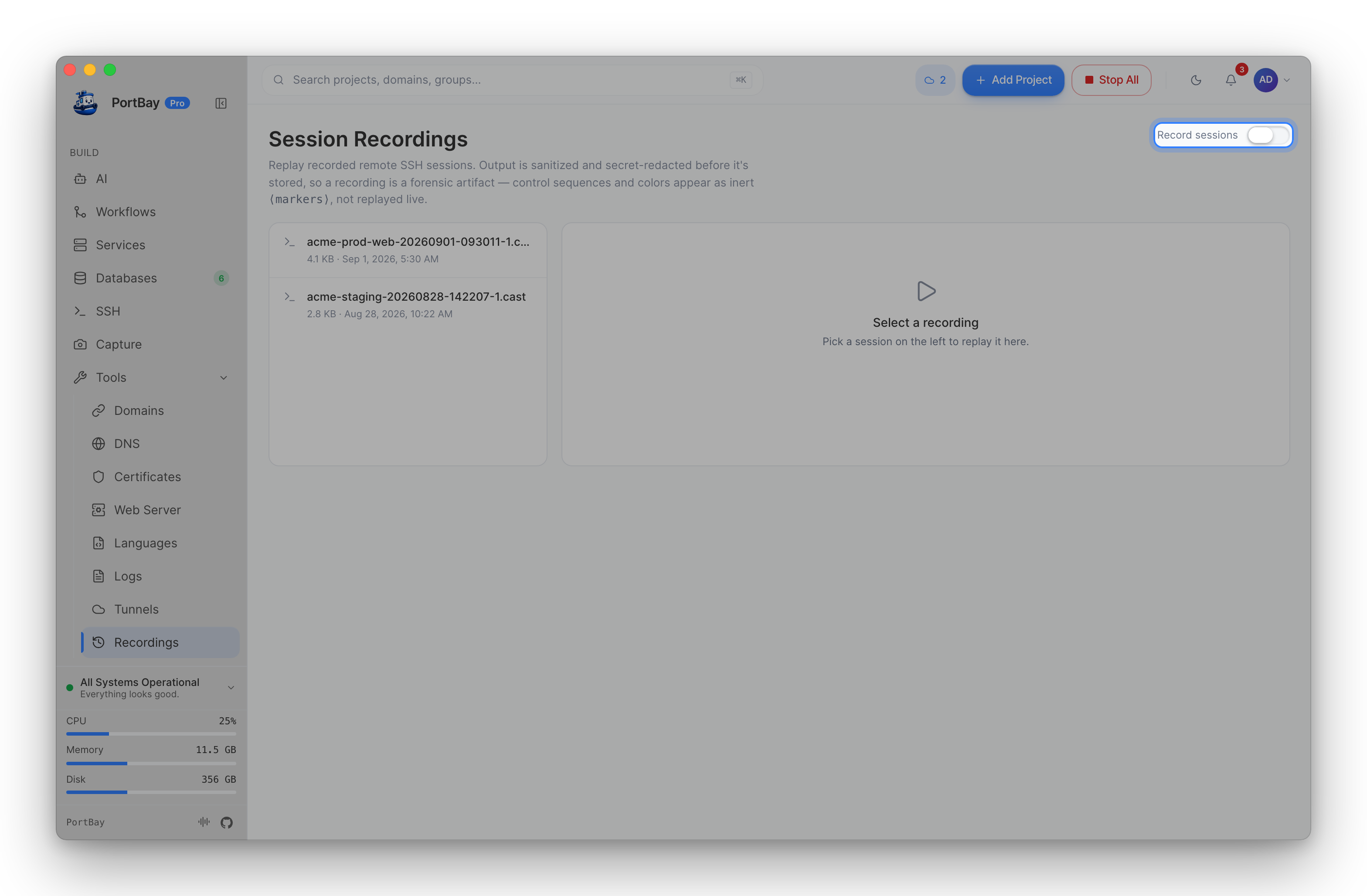 The Session Recordings page with the Record sessions toggle highlighted