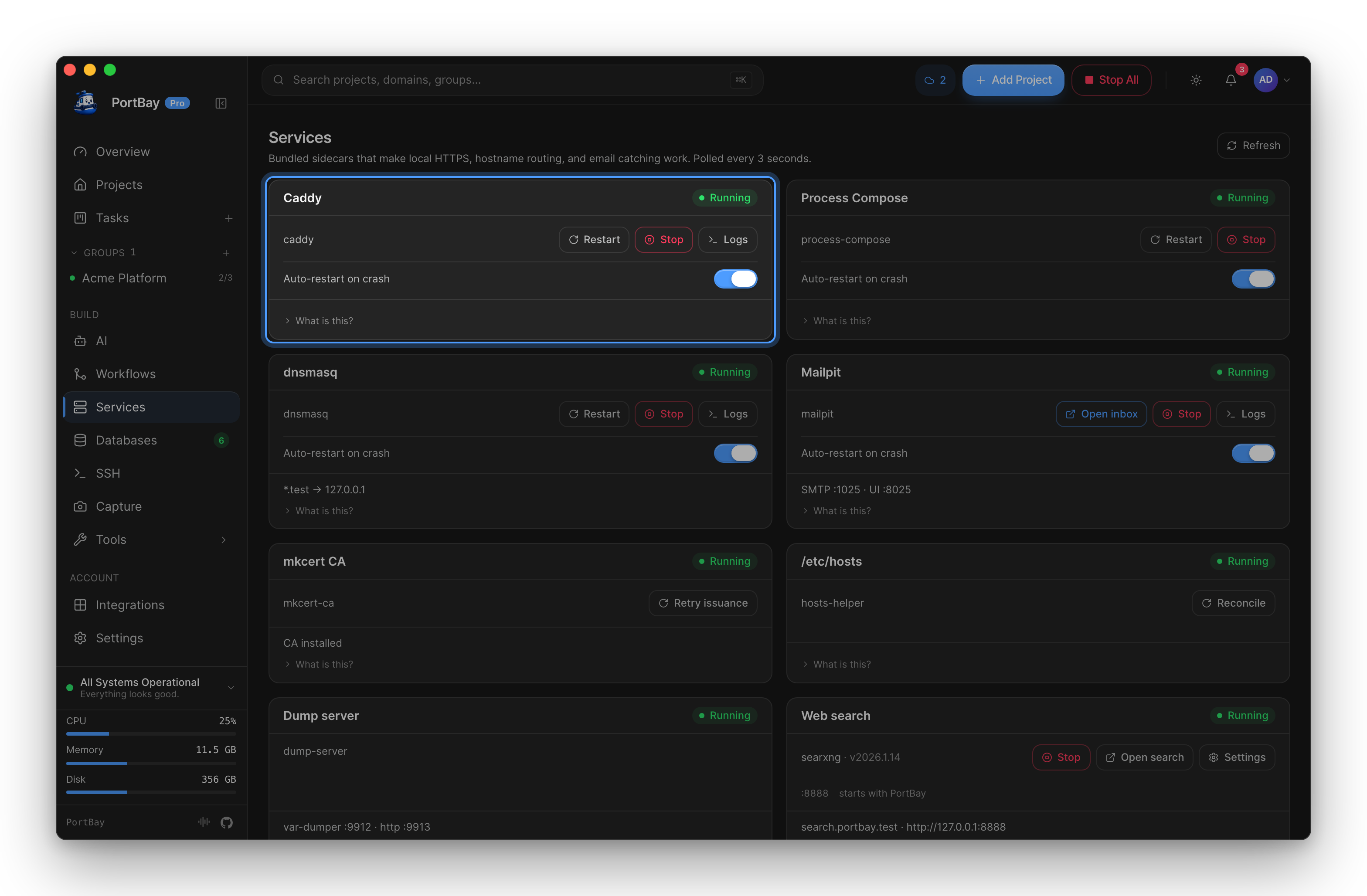 The Services page with the Caddy card highlighted: status, Restart, Stop and Logs actions, and the auto-restart toggle