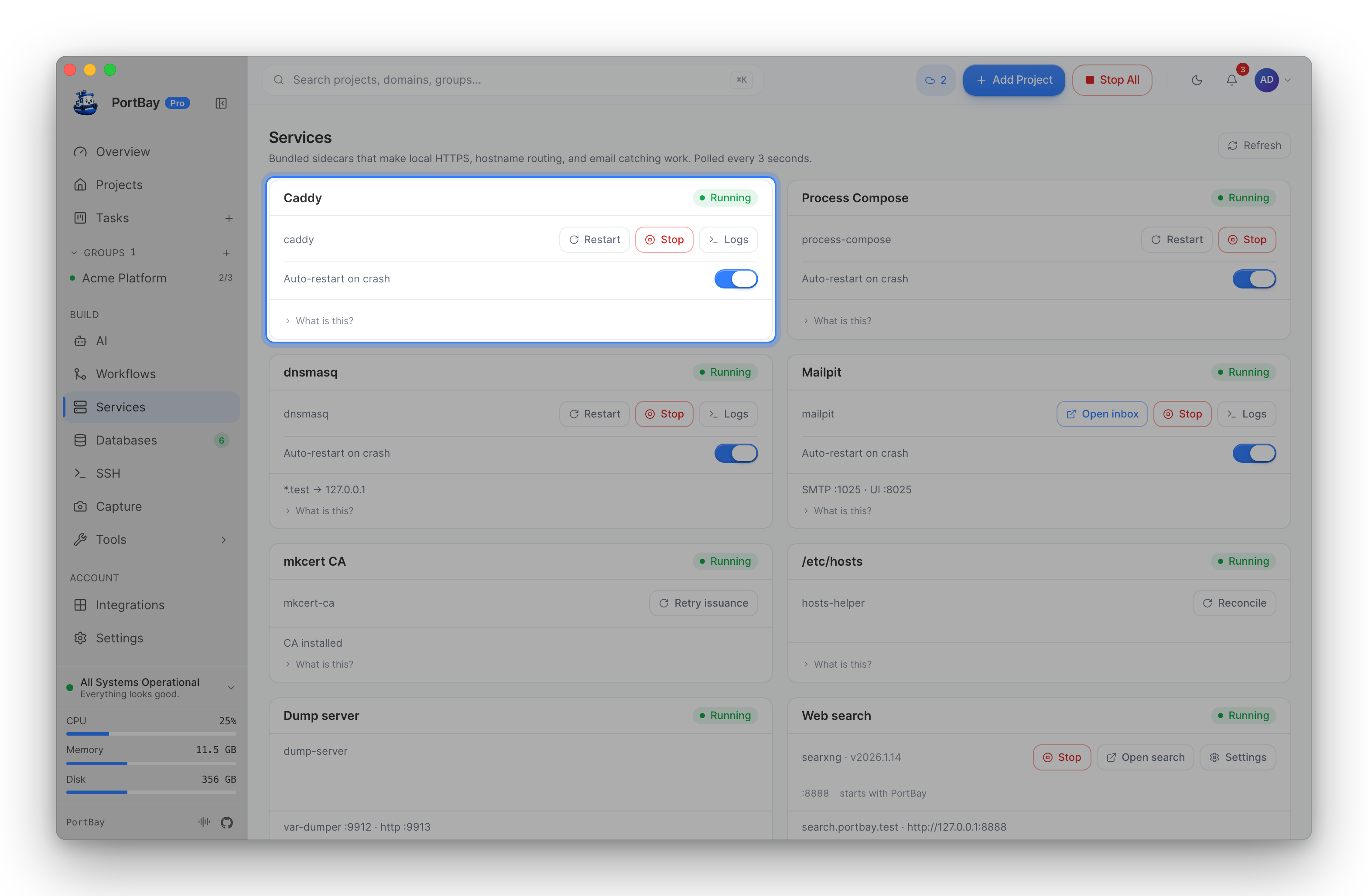 The Services page with the Caddy card highlighted: status, Restart, Stop and Logs actions, and the auto-restart toggle