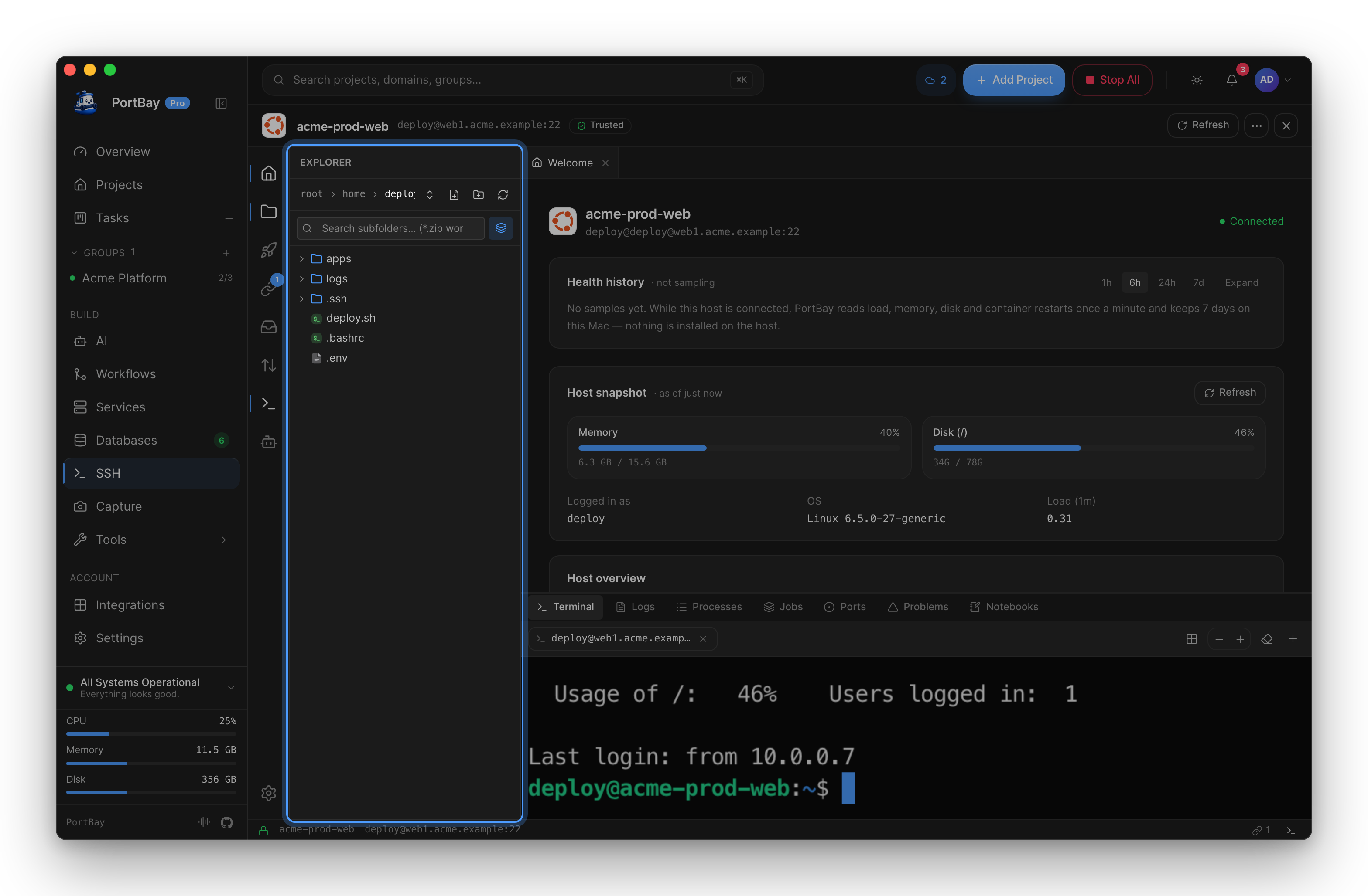The SSH workspace with the SFTP Explorer highlighted: the remote file tree for acme-prod-web