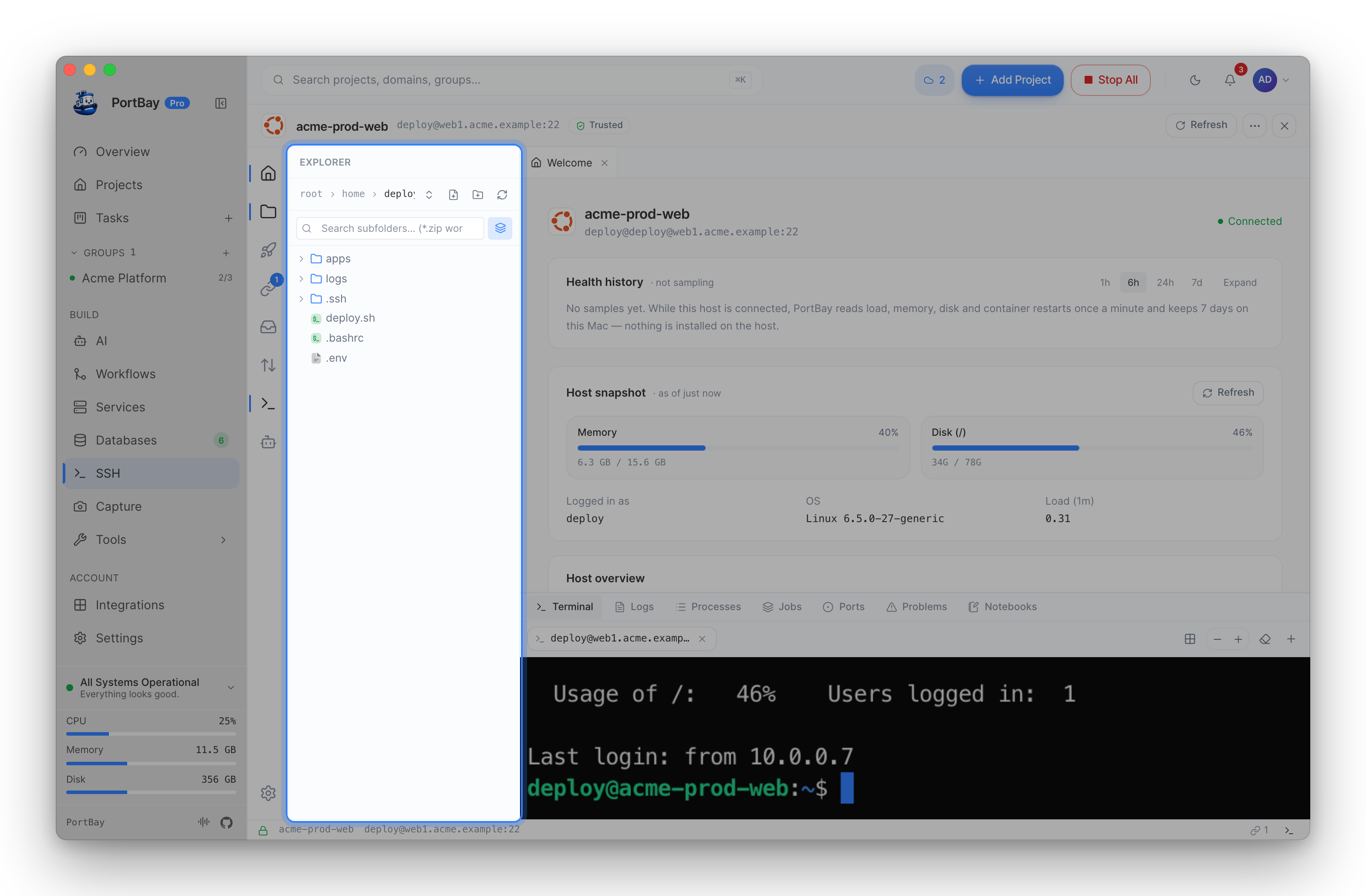 The SSH workspace with the SFTP Explorer highlighted: the remote file tree for acme-prod-web