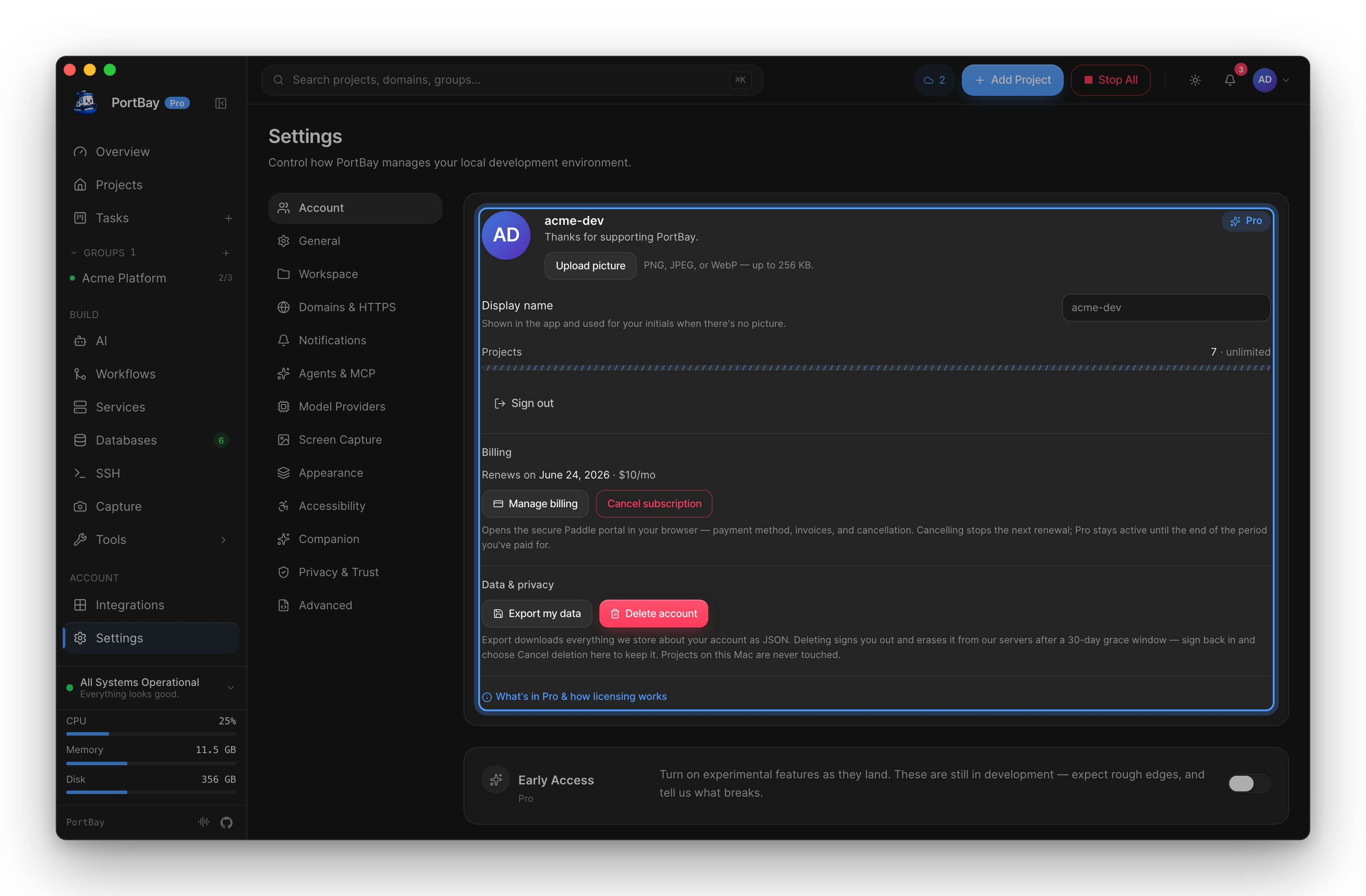 Settings, Account, with the signed-in account card highlighted. Sync has no panel of its own: signing in on Pro is the setup