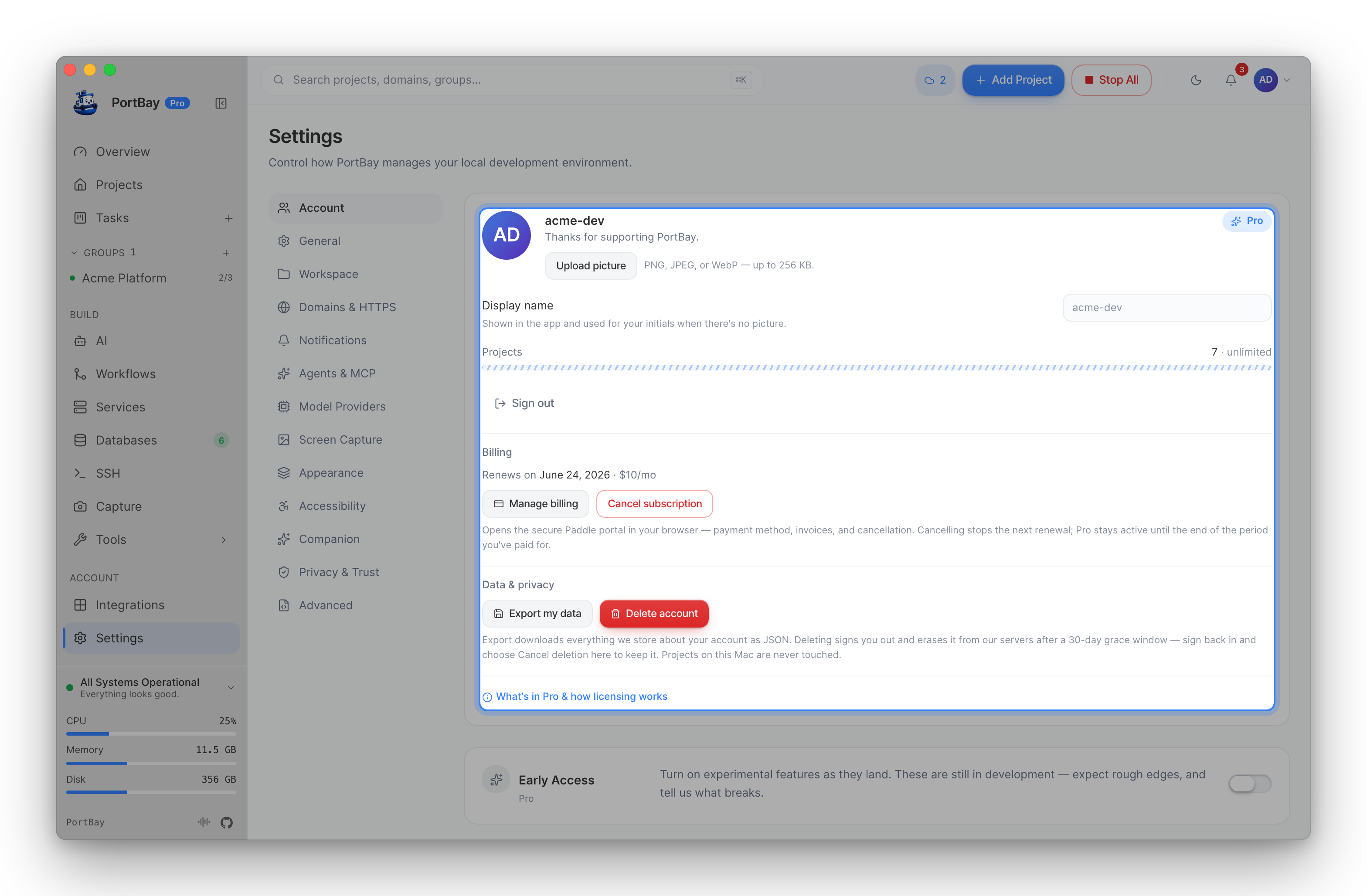 Settings, Account, with the signed-in account card highlighted. Sync has no panel of its own: signing in on Pro is the setup