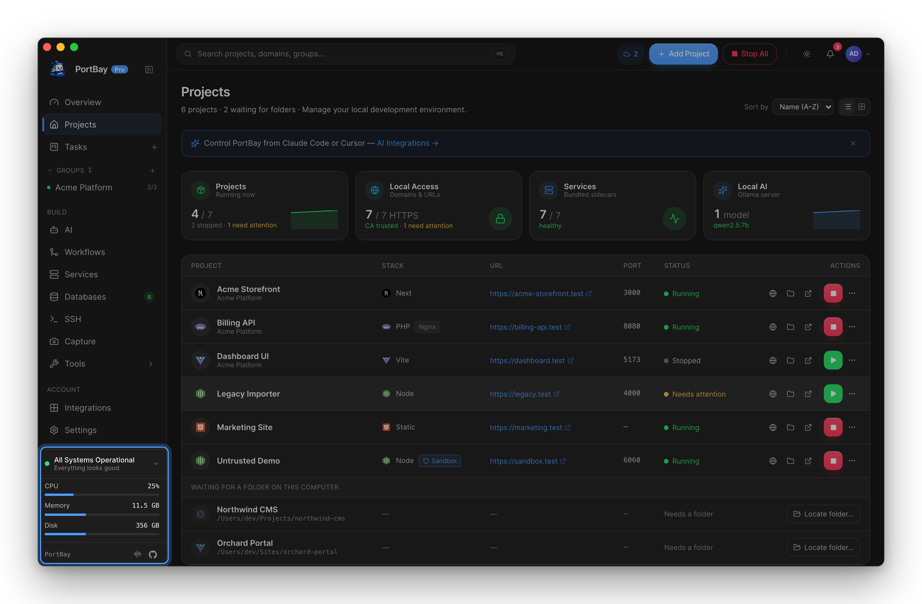 PortBay's sidebar footer, highlighted: All Systems Operational above the CPU, memory and disk meters