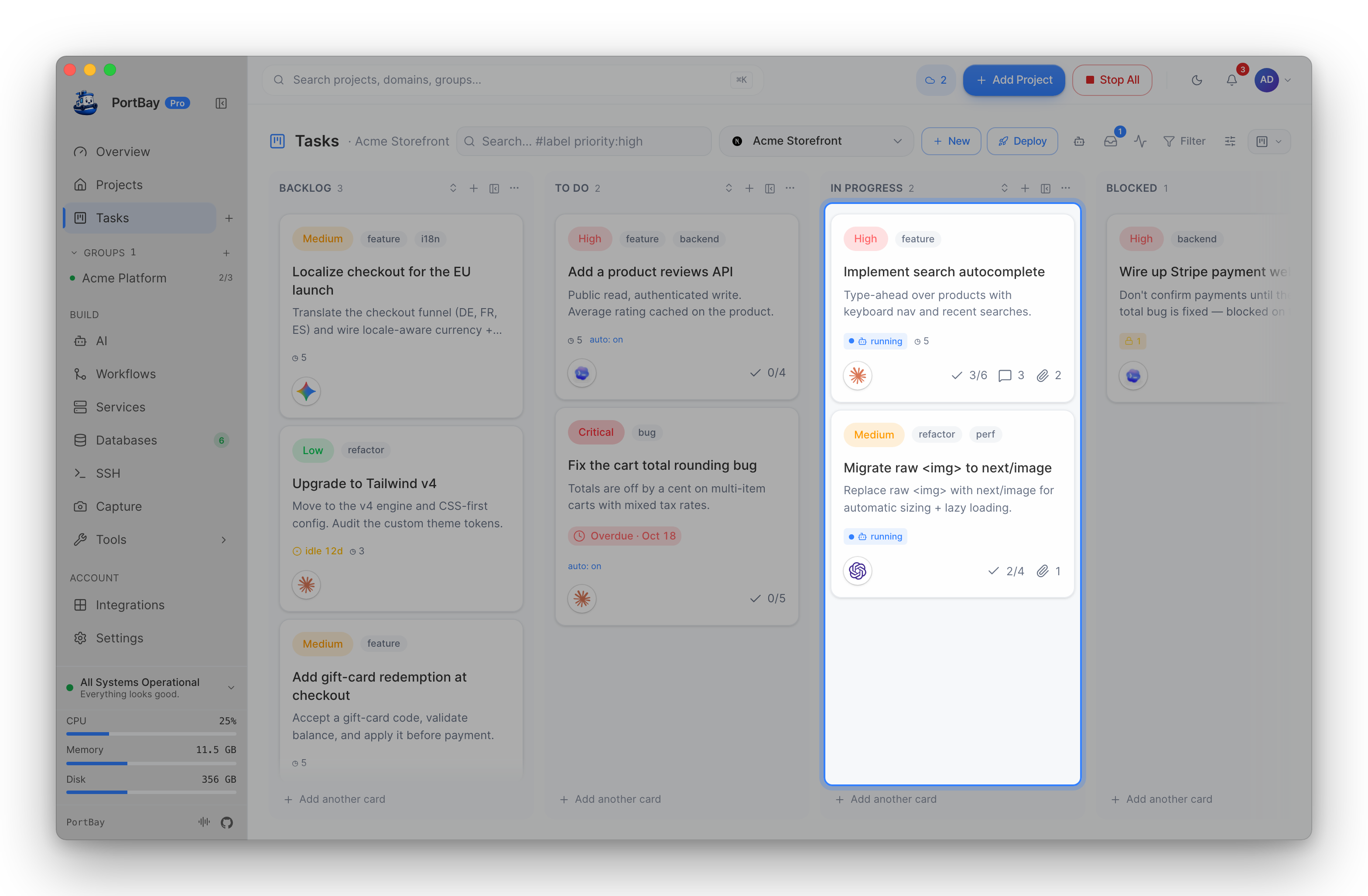 A PortBay task board with the In Progress column highlighted: two cards with agents running