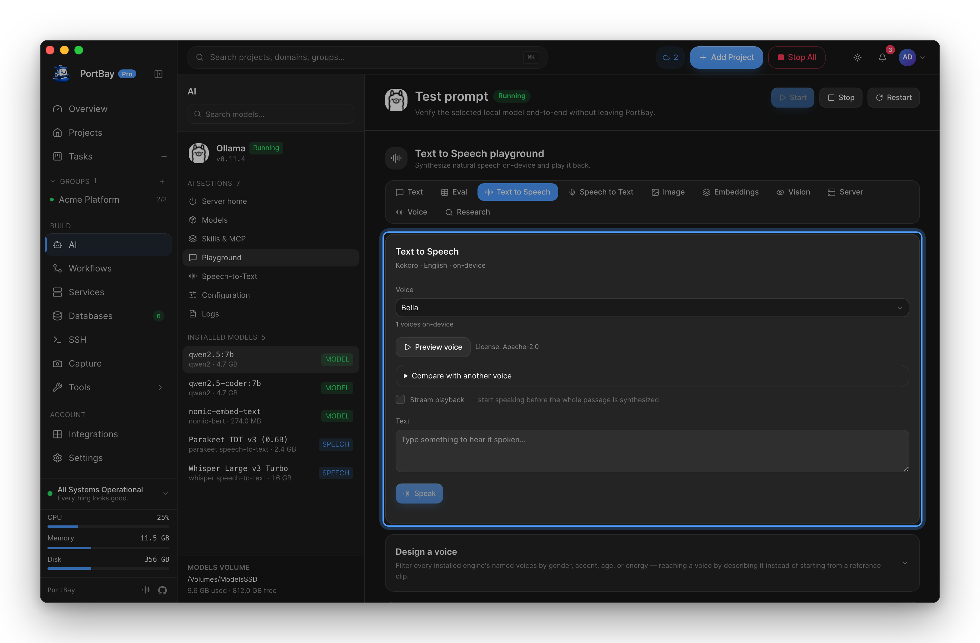 The AI Playground's Text to Speech tab with the Kokoro card highlighted: voice, text and Speak