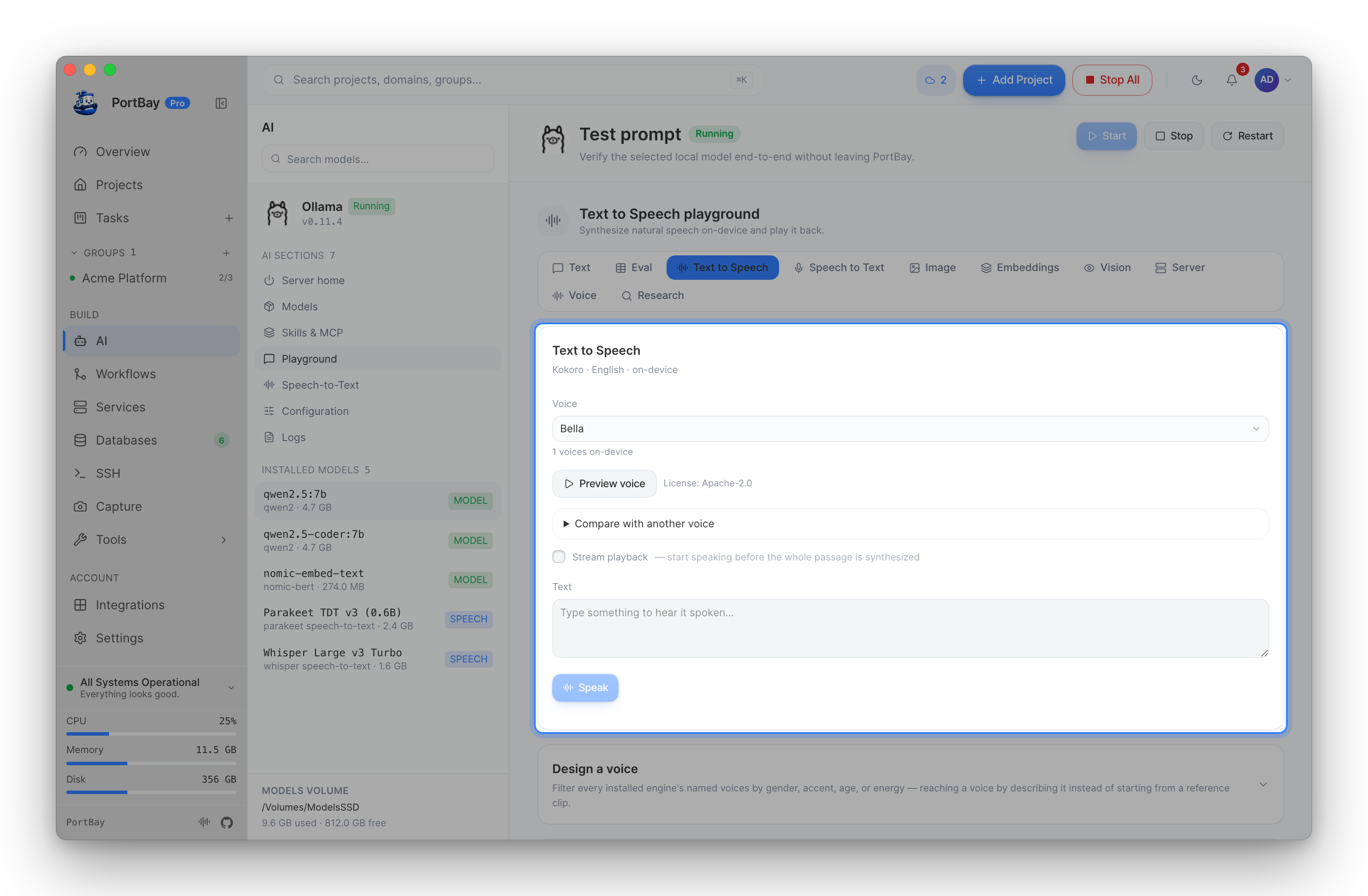 The AI Playground's Text to Speech tab with the Kokoro card highlighted: voice, text and Speak
