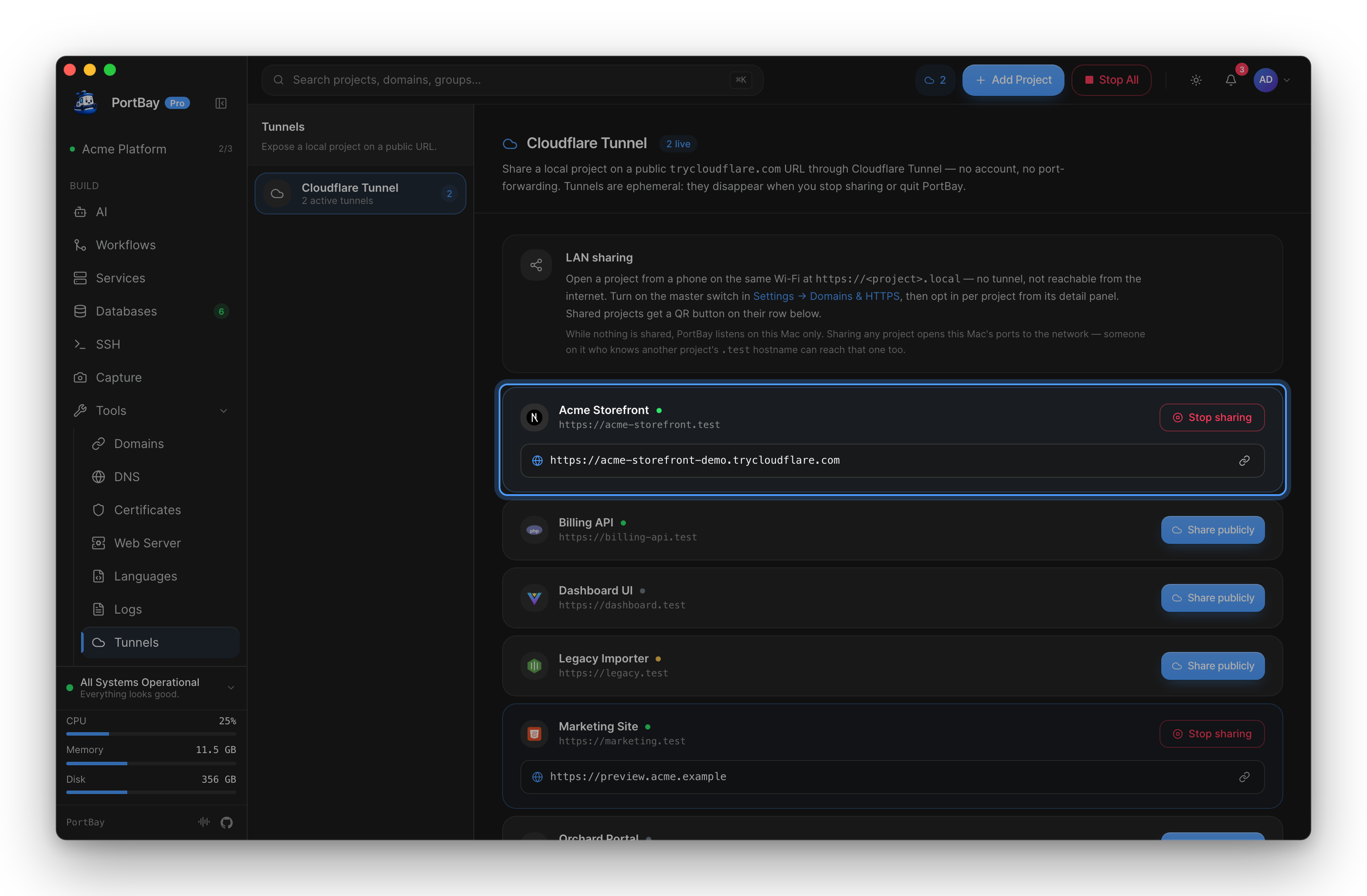 The Tunnels page with a shared project highlighted: its Stop sharing button and public trycloudflare.com URL