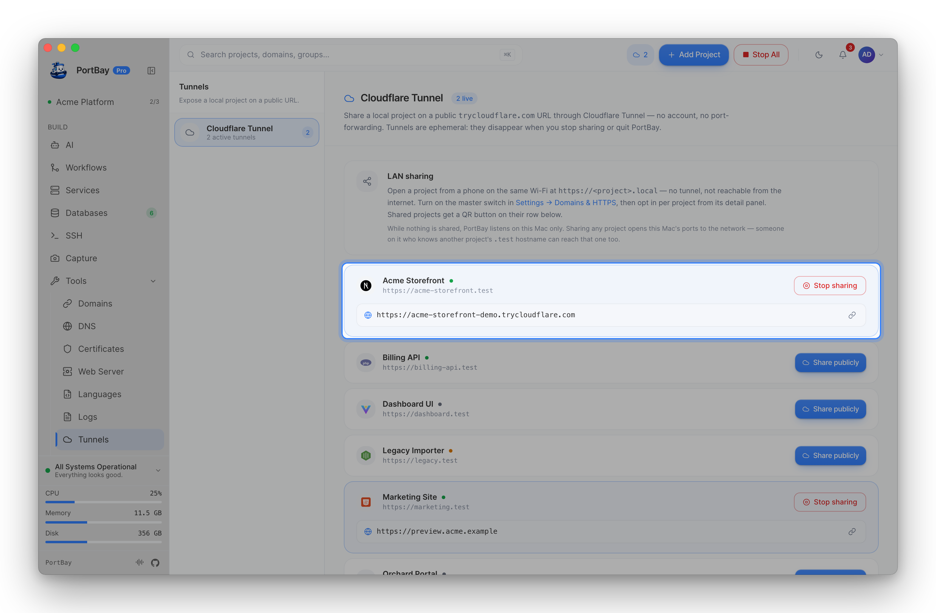 The Tunnels page with a shared project highlighted: its Stop sharing button and public trycloudflare.com URL