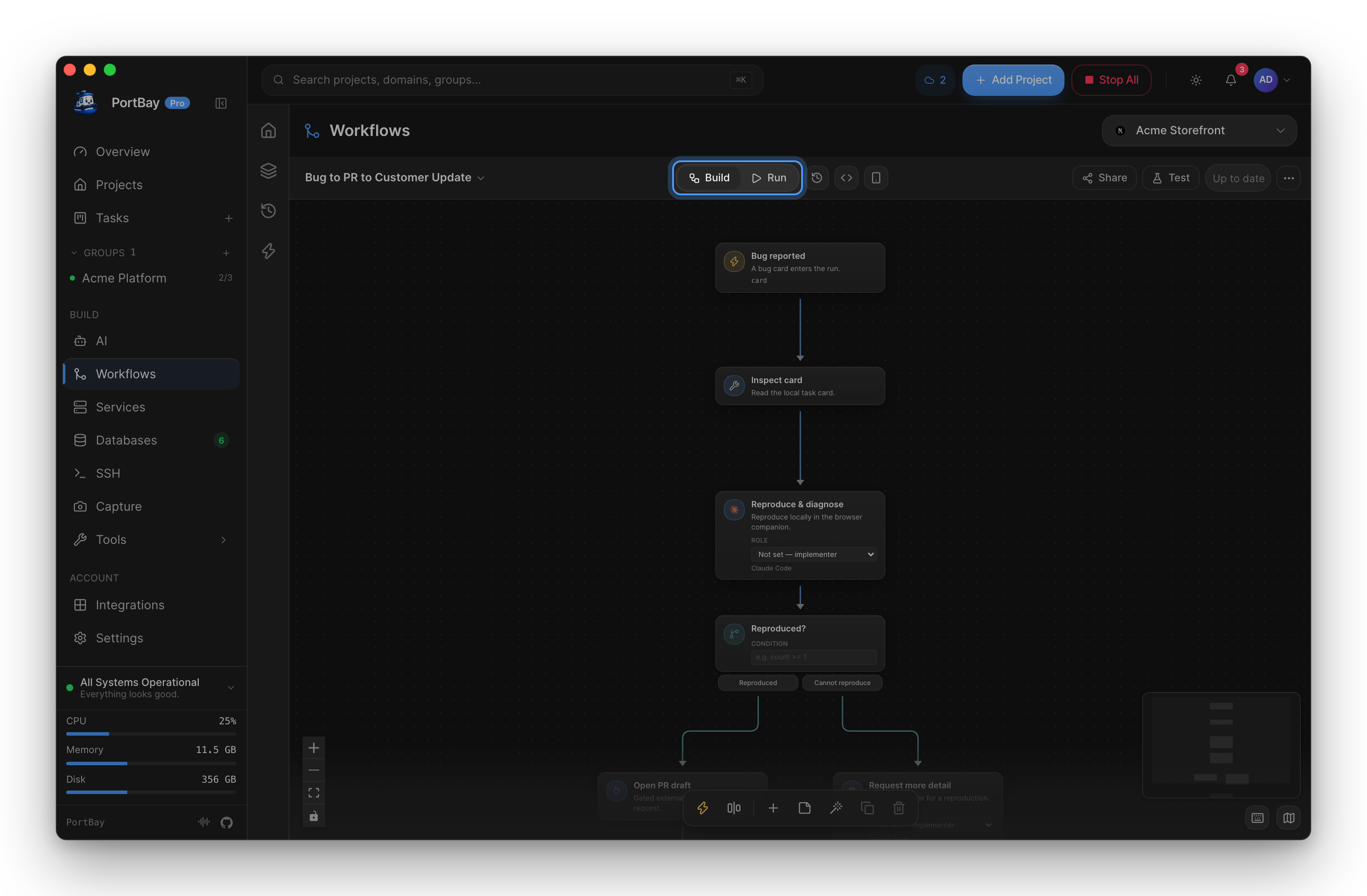 The workflow editor with the Build and Run toggle highlighted above the canvas
