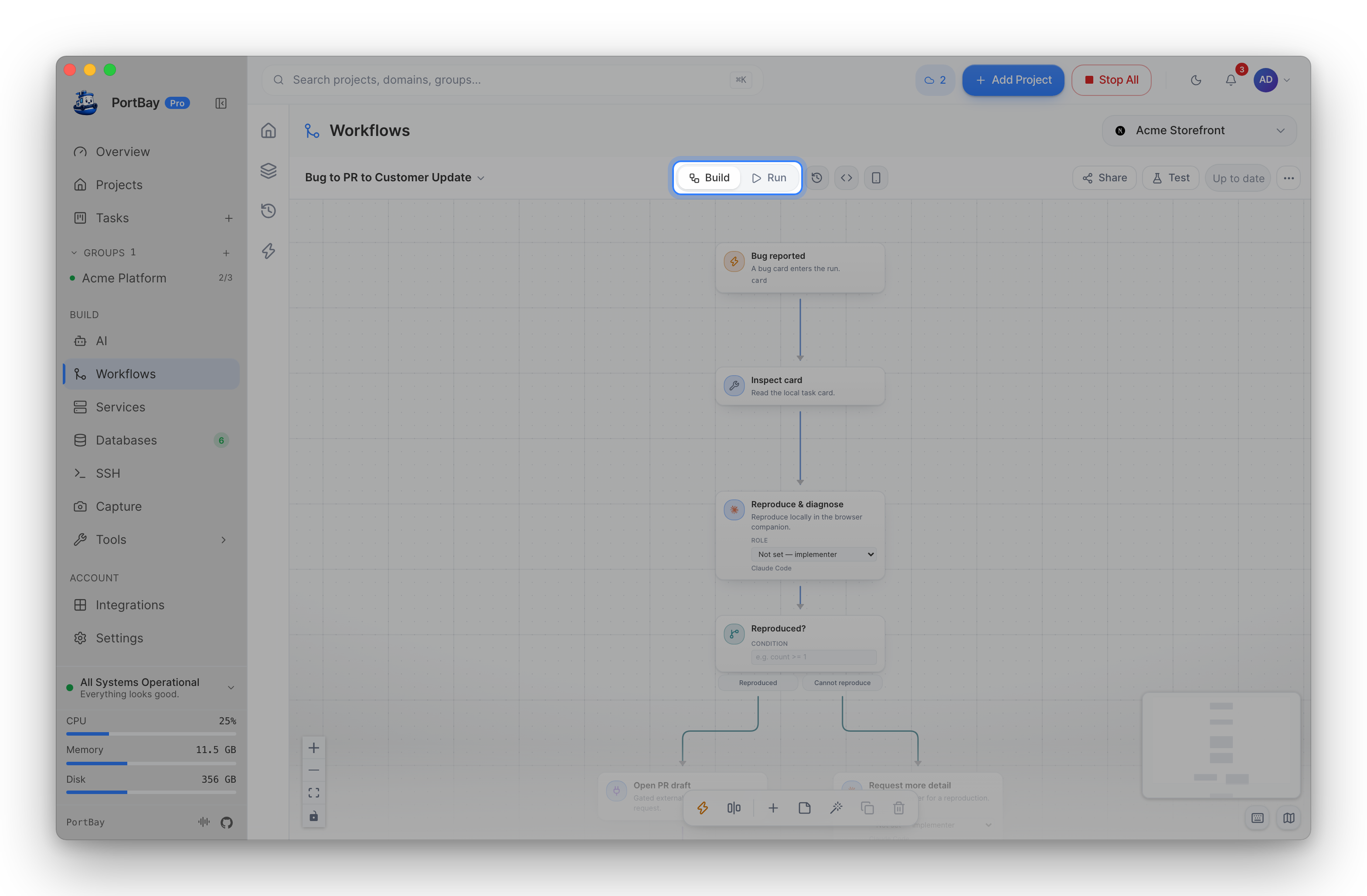 The workflow editor with the Build and Run toggle highlighted above the canvas