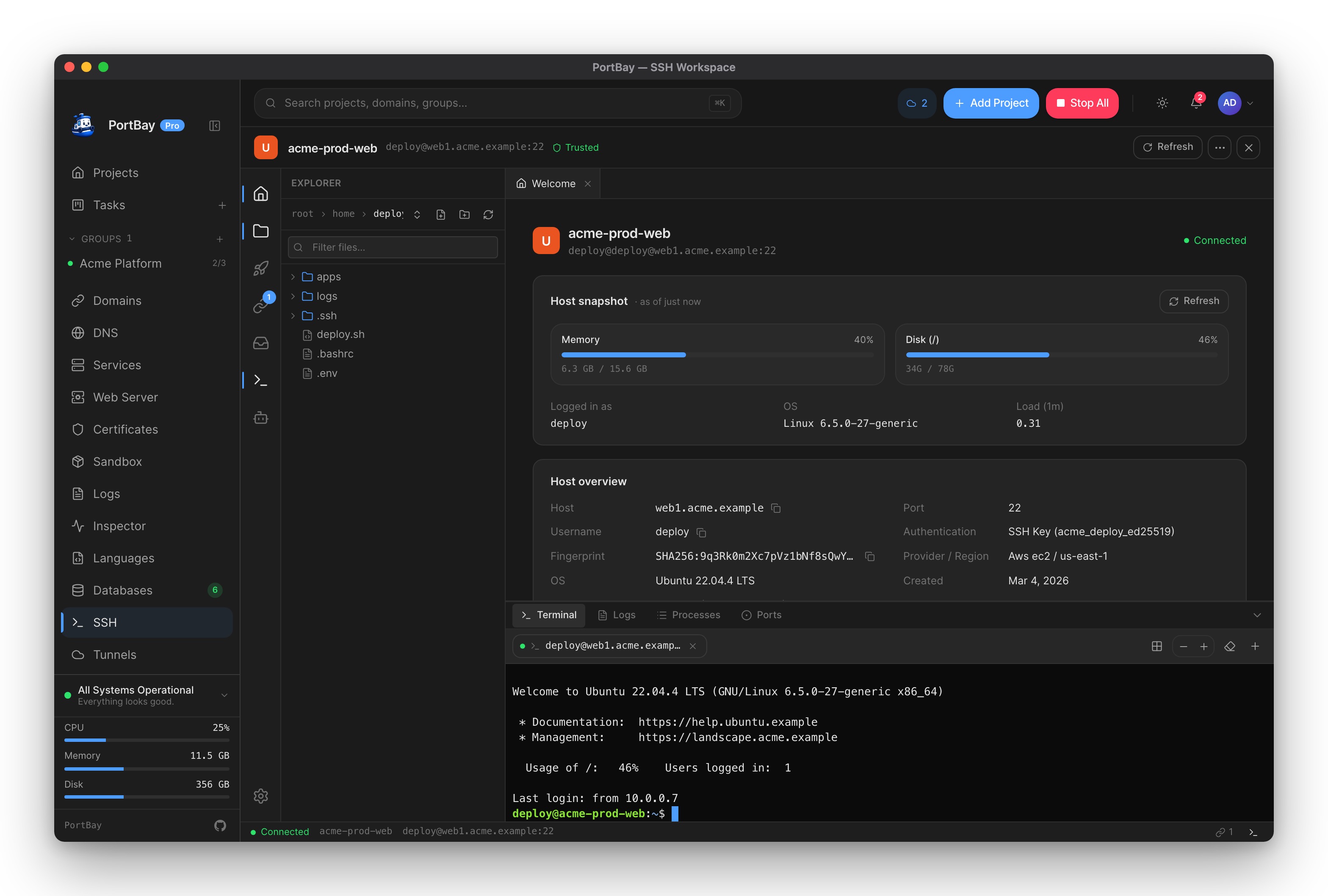 PortBay's SSH workspace — terminal, SFTP file browser, and tunnels for a remote host