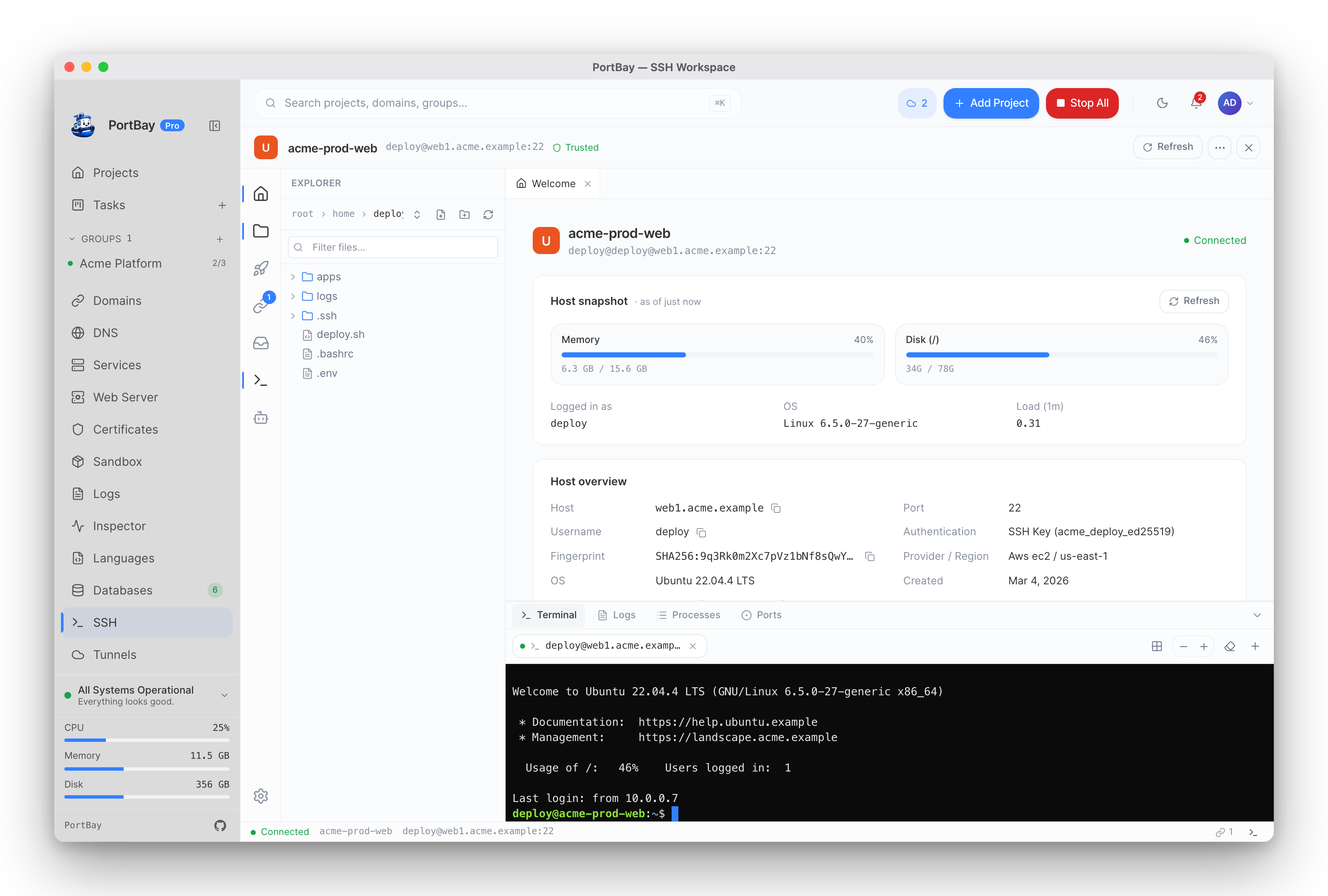 PortBay's SSH workspace — terminal, SFTP file browser, and tunnels for a remote host