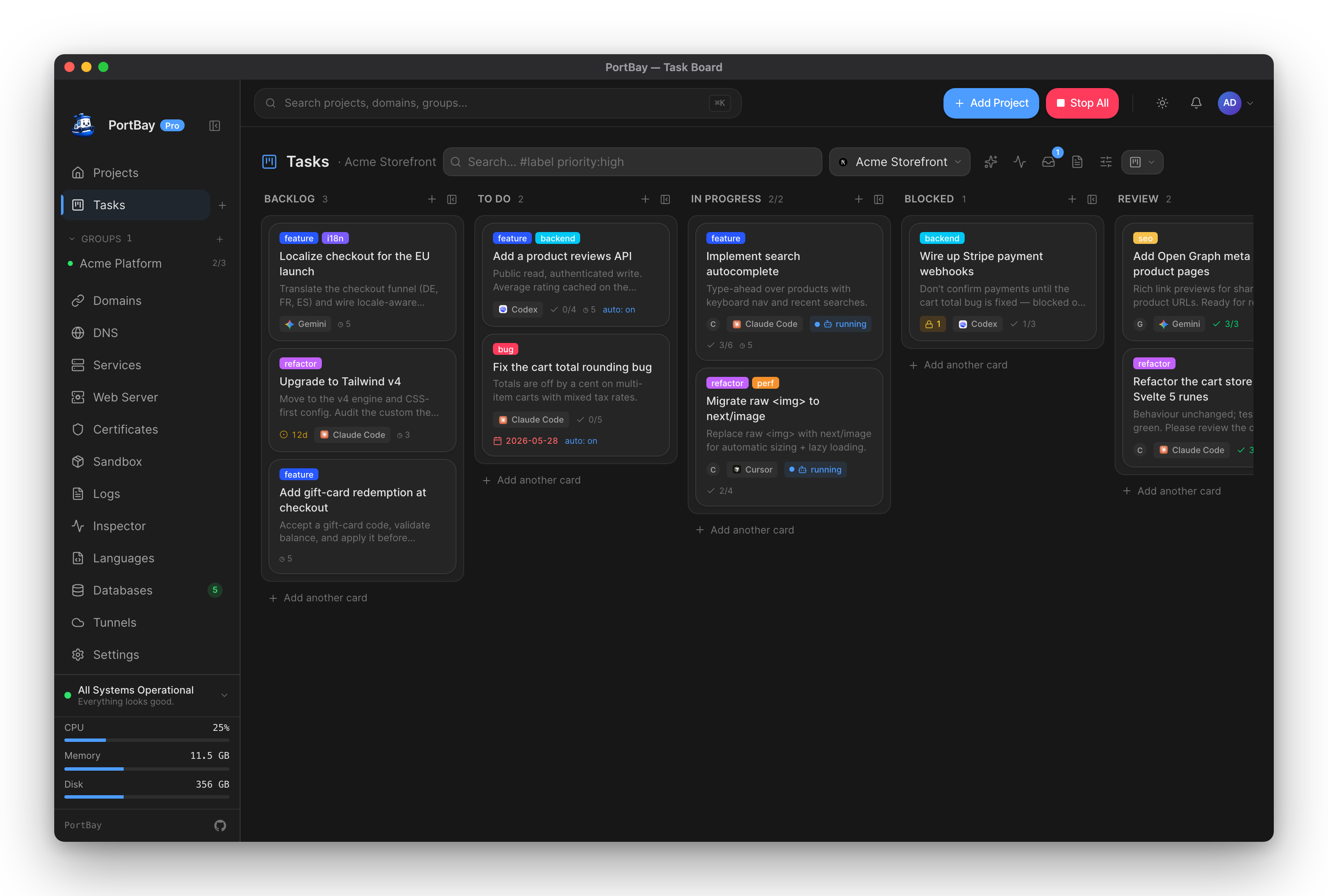 PortBay's per-project task board with AI agents working cards