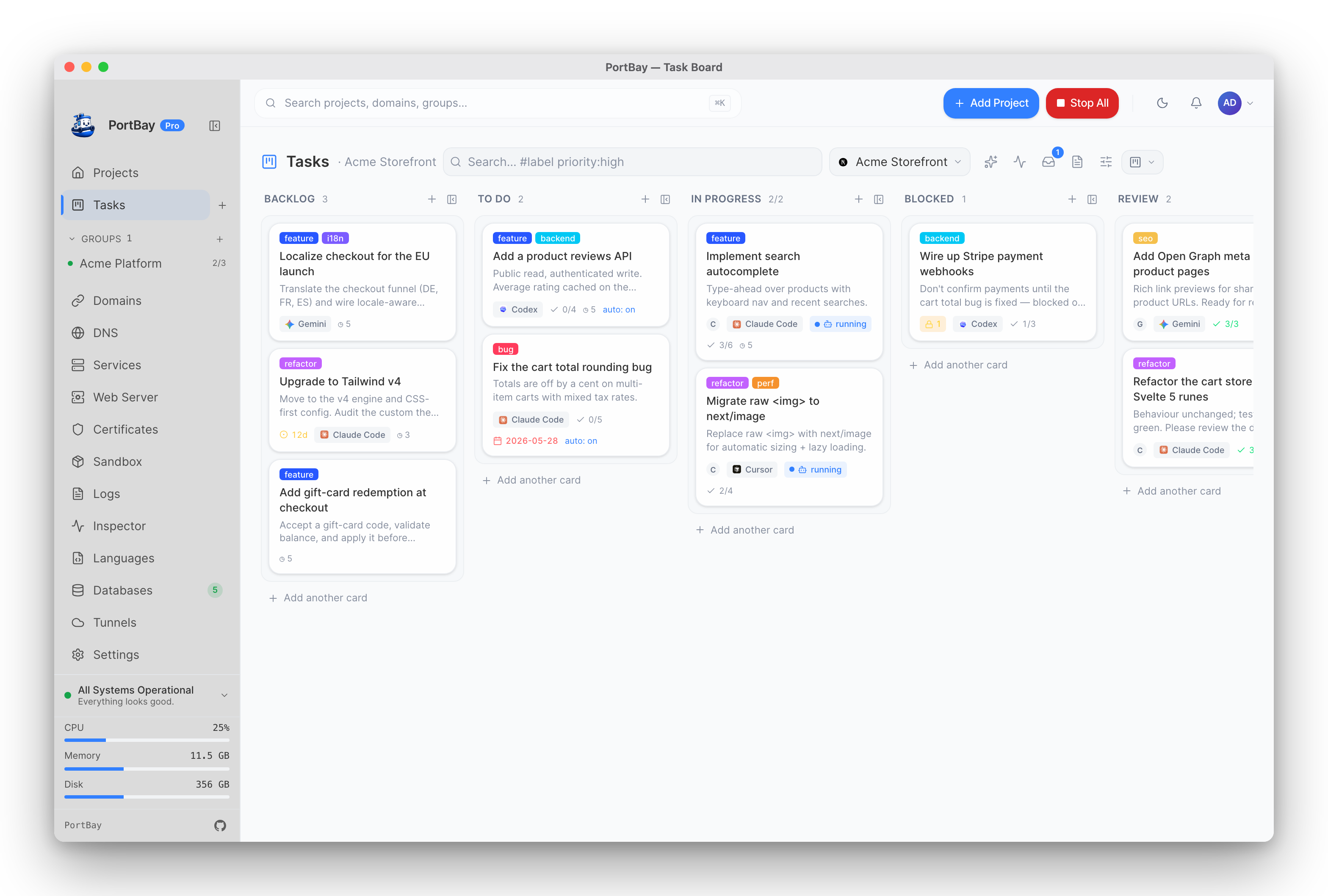 PortBay's per-project task board with AI agents working cards