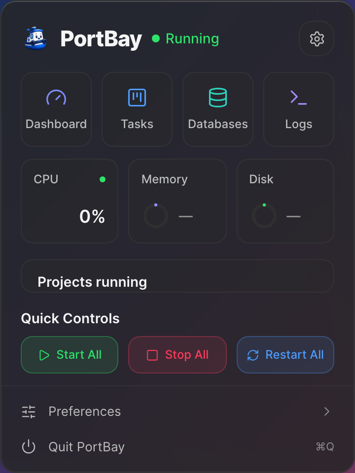 The PortBay menu bar popover: shortcuts, CPU, memory and disk, running projects, and Start All, Stop All and Restart All