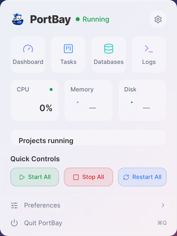 The PortBay menu bar popover: shortcuts, CPU, memory and disk, running projects, and Start All, Stop All and Restart All