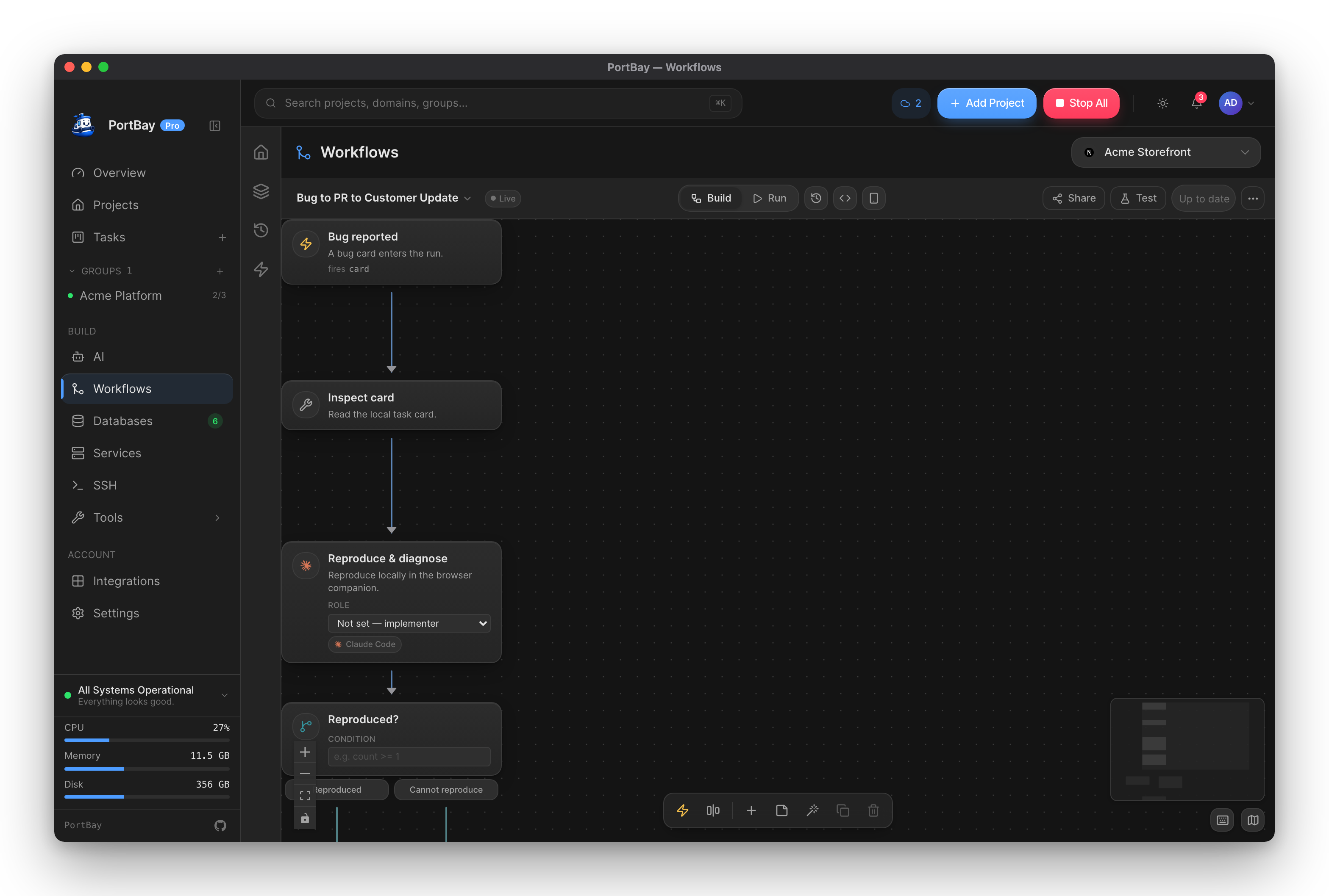 The PortBay workflow canvas — a card trigger feeding an agent step and a decision branch