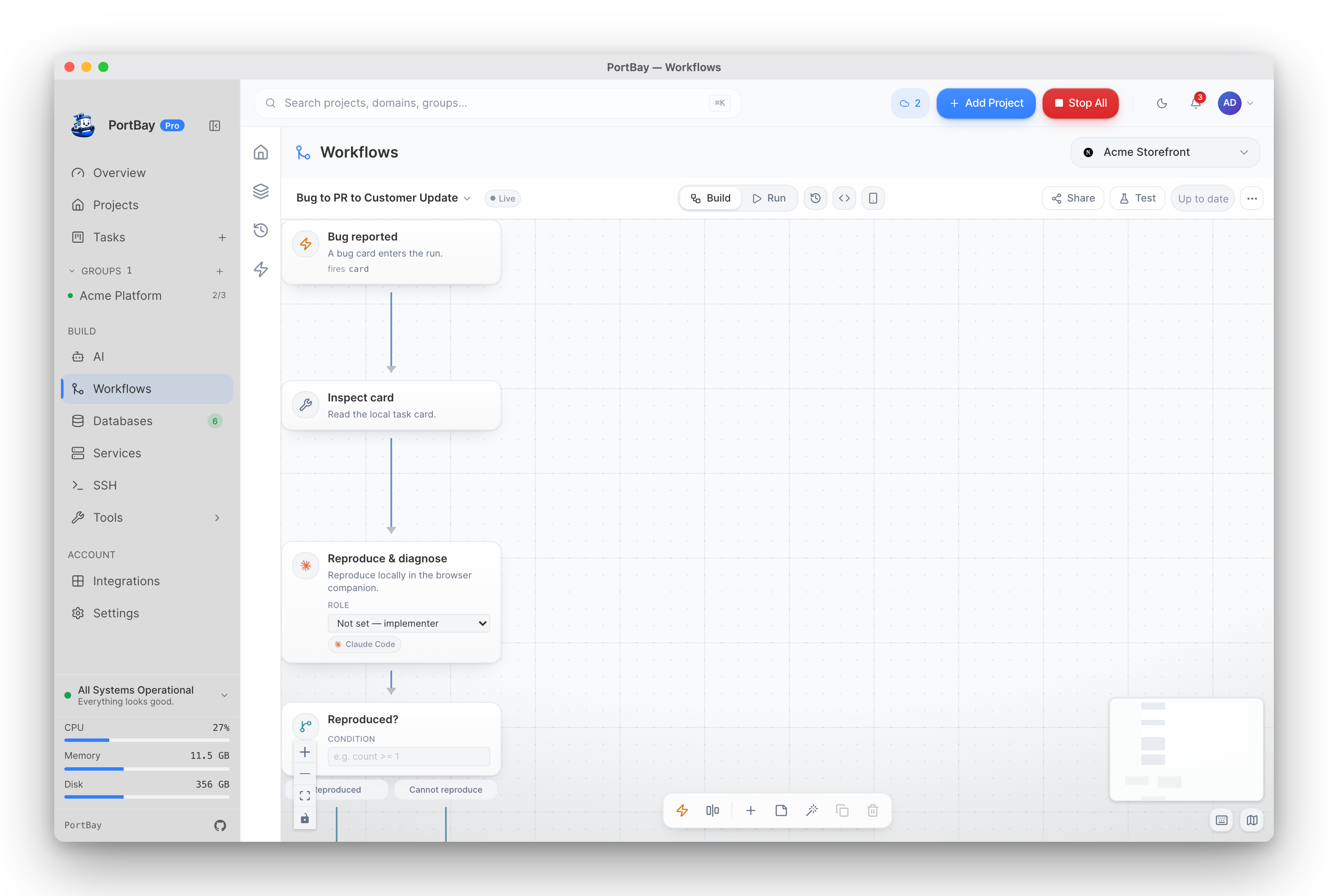 The PortBay workflow canvas — a card trigger feeding an agent step and a decision branch